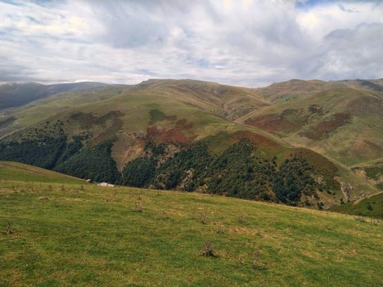تصویری از کوهستان سرسبز روستای اسب ونی در مرتفع‌ترین منطقه جاده اسالم به خلخال. شامل کوه های پوشیده از سبزه و آسمان نیمه ابری.