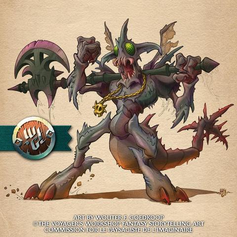 A full colour illustration of Vlarazagoth, a jazzy demon with an insectoid appearance wielding a giant axe and sporting a gold chain with a skull pendant.
