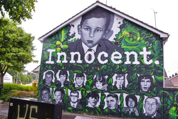 Large mural in Derry, Northern Ireland commemorating the residents killed in the Bloody Sunday shootings in Jan. 1972.