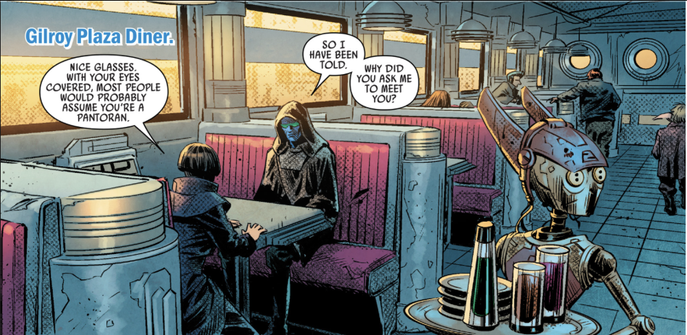 Green-glasses Thrawn meets Pryce at a diner, masquerading as a Pantoran (“Thrawn”, 2018)