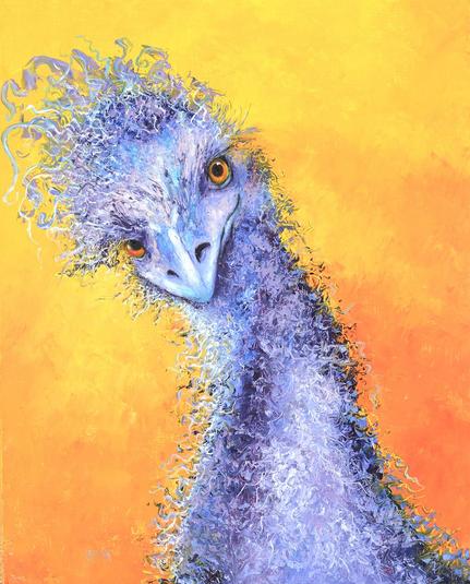 Painting of a quirky Emu with attitude. The emu has textured grey feathery feathers which appear to be tangled and is staring at the viewer with gold eyes.  The emu is on a bright gold orange background.