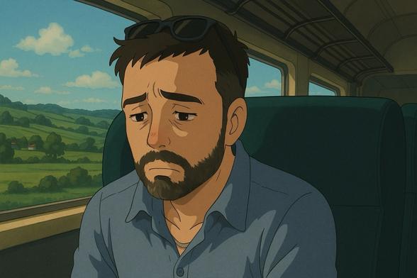 A pensive man travelling on a train through the green countryside