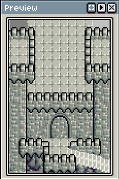 The "preview" window of the pixel art software Aseprite. Here I've mashed together the shape of a castle from Krishna Palacio's Minifantasy Mountain Stronghold set.
