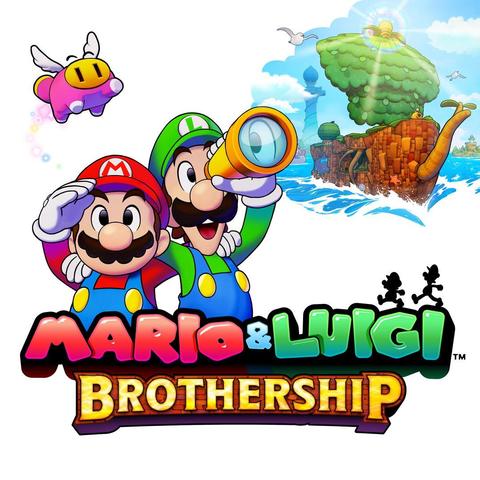 Mario and Luigi above the logo for Mario & Luigi Brothership with a ship in the background