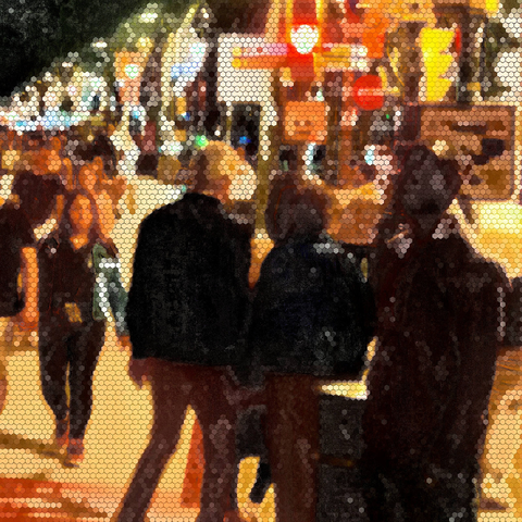 Barcelona digital edited street photography, made with the GNU Image Manipulation Program + Corvo's Painting 5 + Grid BW Color (G'MIC-Qt).