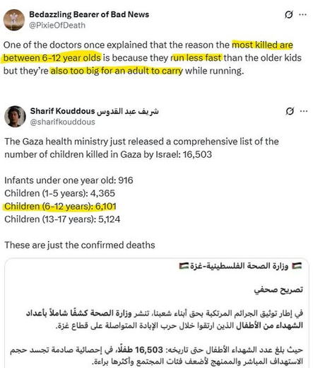 Bedazzling Bearer of Bad News
@PixieOfDeath
One of the doctors once explained that the reason the most killed are between 6-12 year olds is because they run less fast than the older kids but they’re also too big for an adult to carry while running.

Sharif Kouddous
@sharifkouddous
The Gaza health ministry just released a comprehensive list of the number of children killed in Gaza by Israel: 16,503
Infants under one year old: 916
Children (1-5 years): 4,365
Children (6-12 years): 6,101
Children (13-17 years): 5,124
These are just the confirmed deaths