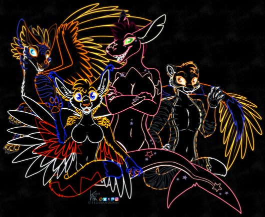 Digital art of 4 different characters, a Dutch Angel Dragon, a Winged Sciurus, a Nom Shark, and a tiger, drawn to look like Neon Signs.