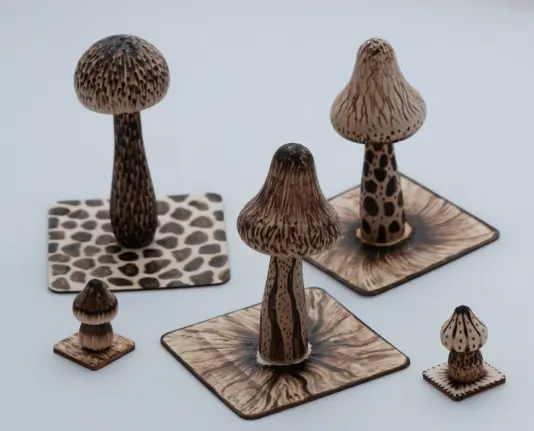 photo of pyrographed wooden mushrooms