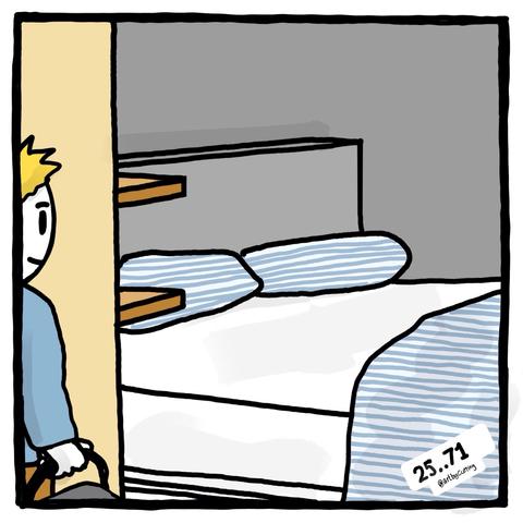 Pictured entering bedroom to own bed that had not been slept in for a number of days. Duvet pulled down and bag ready to be unpacked.