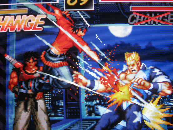 Rosa leaping stabs an obnoxious American patriot with her cool sword.