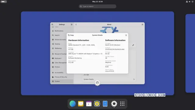 Screenshot of NixOS 25.05 with the GNOME 48 desktop environment showing the Settings app and the Activities Overview.