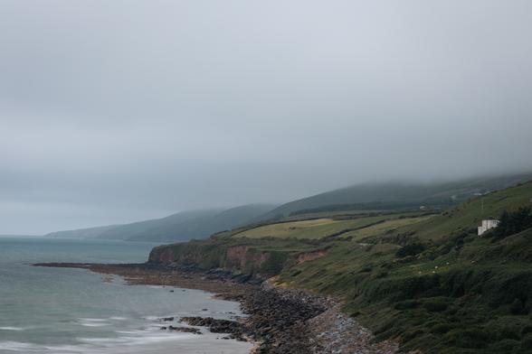 a rocky beach with sheep and a house on a hill