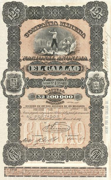 125 Bolivares share certificate, issued by the mining company Compañia Minera El Callao on 1. March 1887 in Ciudad Bolívar (Venezuela). Graphic design with underground mining scene, richly ornamented with coats of arms and monograms of the so ...