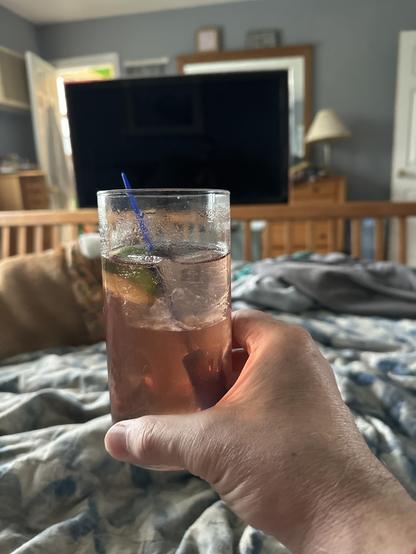 The image shows a hand holding a glass of a pinkish beverage with ice cubes and a slice of lime, suggesting a refreshing drink. The glass is transparent, allowing the liquid and ice to be clearly visible, and a blue straw is inserted into the drink. The hand is positioned in the foreground, with the glass being the main focus. The background reveals a cozy room setting, with a bed covered in a blue and white patterned blanket, a wooden headboard, and a large flat-screen TV mounted on the wall. A lamp is visible on a wooden dresser, and the room has a neutral color palette with gray walls. The scene suggests a relaxed, casual atmosphere, possibly in a living room or bedroom.

Provided by @altbot, generated privately and locally using Ovis2-8B

🌱 Energy used: 0.180 Wh