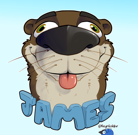 A headshot badge commission of a male river otter, drawn in the perspective of a photo taken from way too close.
