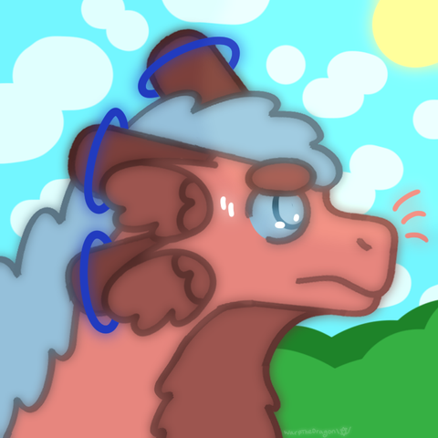 a drawing of a fluffy red colored dragon glancing up at the sky. the sun is sweltering today. i don't think she likes it.