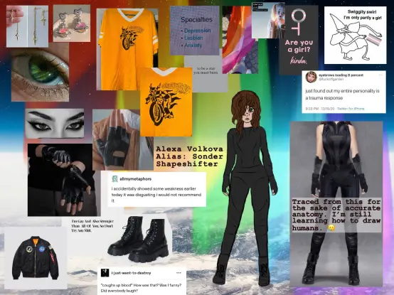 A drawing of a woman with dark brown hair and a black suit surrounded by photos of clothing and things that fit her aesthetic. The background is a stock image of Earth as seen from space with an aurora borealis drawn across it that is somewhat transparent.