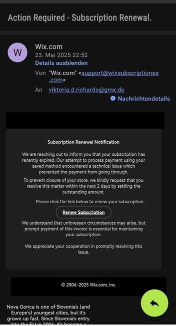Screenshot Phishing Mail mit dem Text. Oben sieht man die aufgeklappte Sendeadresse mit dem Schreibfehler