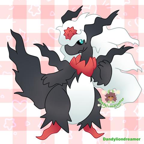 the pokemon mega ampharos and darkrai fused together

their hair is a white and their body is a shadow black, the red feet and accents, and white stomach