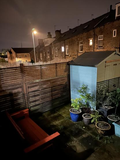 Night. A back yard with a green/blue shed and a range of acers and other plants in pots. There is a streetlight in the background and you can just make out the rain in the orange glow of the light.