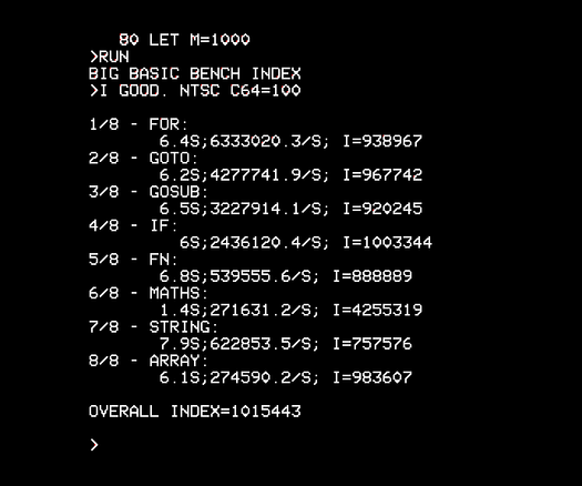 benchmark text output from an accelerated BBC Micro showing overall result of 1015443, or approximately 10154% the speed of a C64