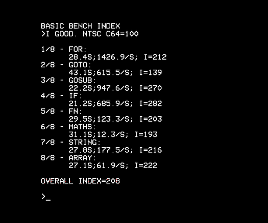 benchmark text output from a BBC Micro showing overall result of 208, or approximately twice the speed of a C64