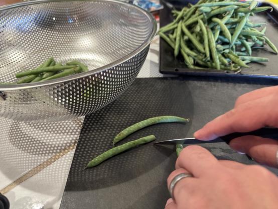 Two pounds of green beans being trimmed.