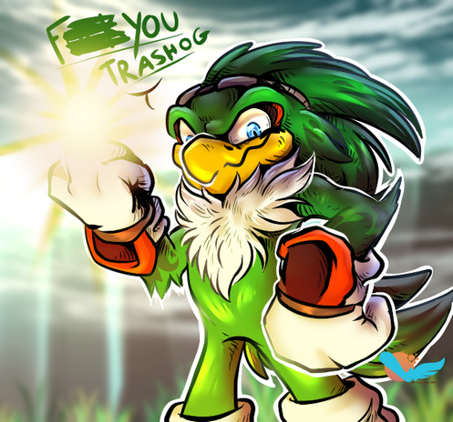A not very polite Jet the Hawk
saying "f-ck you trashog"
aka the green master of the wind, from Sonic's universe, presented as the leader of the Babylon Rogues