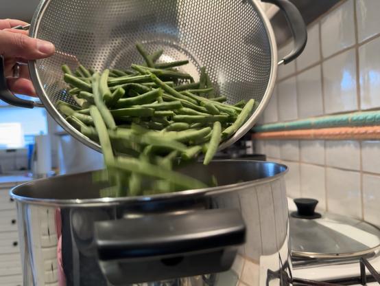 All the green beans into the boiling water.