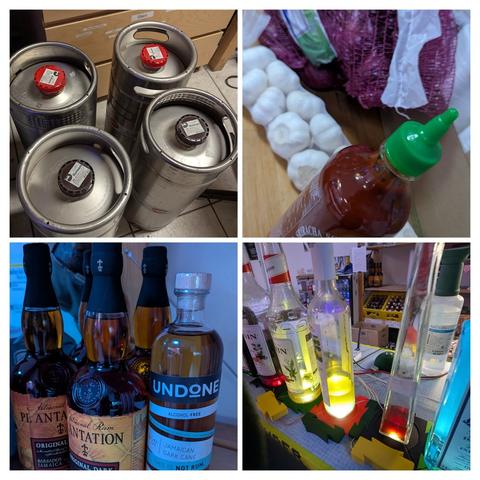 collage of drinks and food we got for the Party. Notably: Plantation Rum, Alcohol-Free Undone "Rum", the Wheel-Of-Drinks and Draft Beer from Gratzer