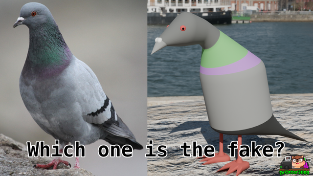On the left side is a photo of a dove, on the right is a bad designed 3D dove. on the bottom is the text "Which one is the fake?". On the bottom right is the DrOtter3000 logo