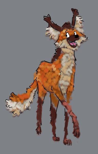 Digital sketch of a Maned Wolf piñata character. Looks friendly and soft with it's tufted-like fur, orange and light gray in color, and large fluffy ears. It's walking towards the front at an angle and looking towards the left with a smile. The background is a plain grey.