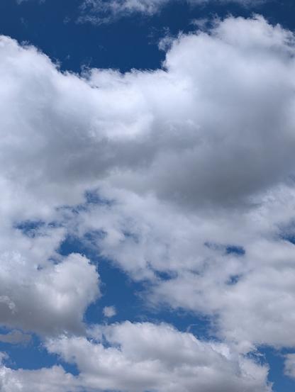 A low-angle, full shot of a bright blue sky filled with fluffy white and light gray cumulus clouds on a clear day. The clouds dominate the frame, with patches of the vibrant blue sky peeking through the gaps between them. The lighting appears bright and even, highlighting the texture and volume of the clouds.