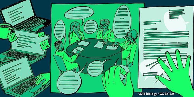 green illustration of a group of peer reviewers