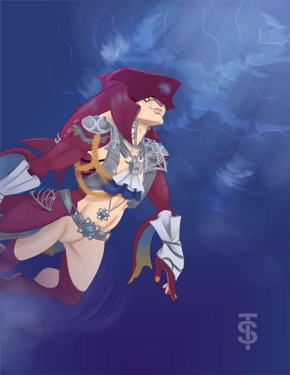 Sidon swimming. Red Zora with hammer head shark features.