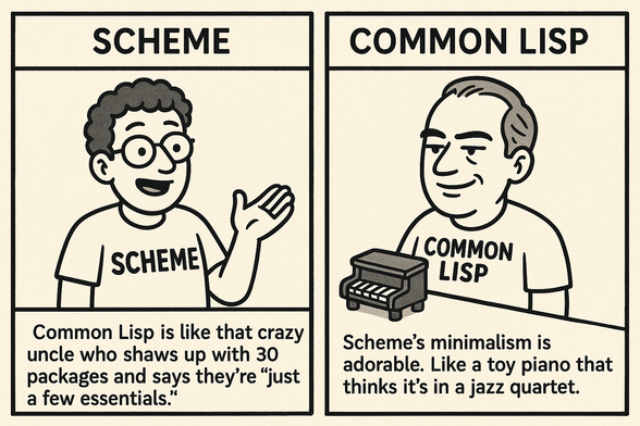 A two panel cartoon. The first on is labelled "Scheme" and the text on the bottom says "Common Lisp is like that crazy uncle who shows up with 30 packages and says they're "just a few essentials.""  The second pane is labeled "Common Lisp" and says "Scheme's minimalism is adorable. Like a toy piano that thinks it's in a jazz quartet."