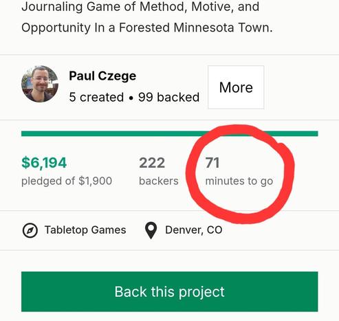 A screenshot of the count-down on the Kickstarter page for The Balsam Lake Unmurders, showing 222 backers and just 71 minutes left.