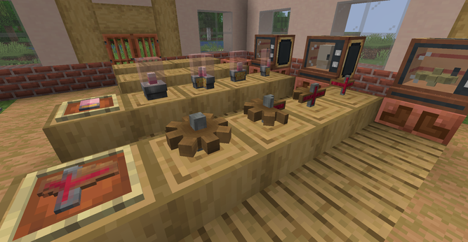 Rows of edible Create mod items, showing off various states of being eaten, including small cogs and nixie tubes