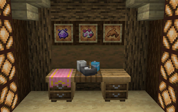 Screenshot of inside a Minecraft base, showing off three different types of candy, two drawers, and the new sugar refinery