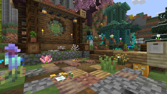 A showcase of various blocks from the BitPixel resource pack arranged as a path  with many flowers leading to various small structures.