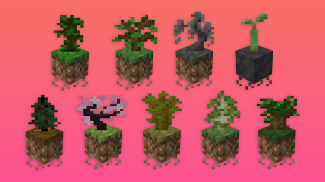 Various Minecraft saplings on top of miniature soil blocks with visible roots hanging below against a gradient background.