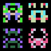 a 2x2 grid of multicolored 8x8 pixel aliens a la space invaders