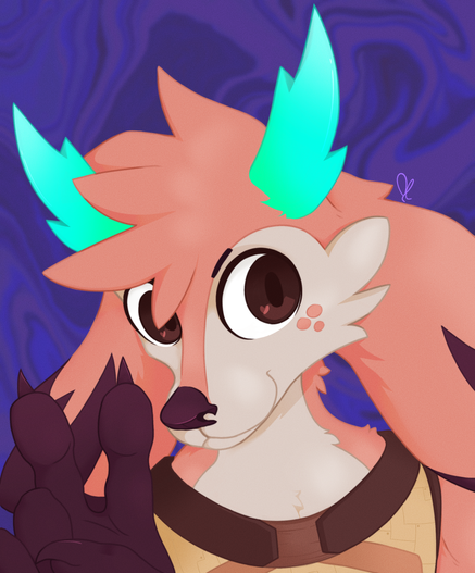 digital illustration of an anthro canine from the shoulder's up set on a swirly purple background. he has pink fur with beige and dark purple details, as well as brown eyes and teal horns. He's making the peace sign with his fingers at the camera.