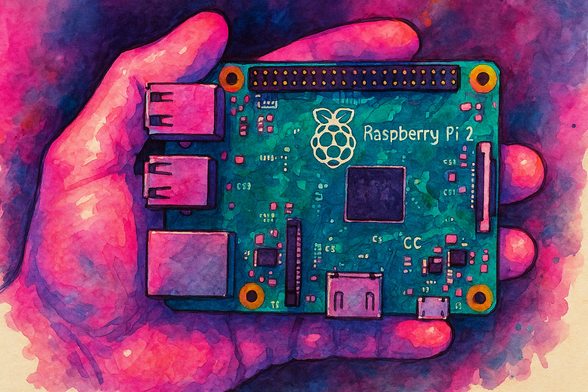 Watercolor cyberpunk close-up of a Raspberry Pi 2 held between glowing pink and purple fingers.