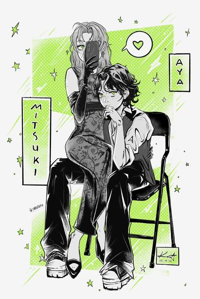 2girls, blush, character name, closed mouth, commentary, dress, elbow gloves, english commentary, gloves, green eyes, green theme, hand on another's waist, heart, high heels, highres, long hair, looking at viewer, monochrome, multiple girls, pants, shoes, short hair, sitting, sitting on lap, sitting on person, sleeveless, sleeveless dress, sleeves rolled up, smile, sneakers, spoken heart, vest, yuri