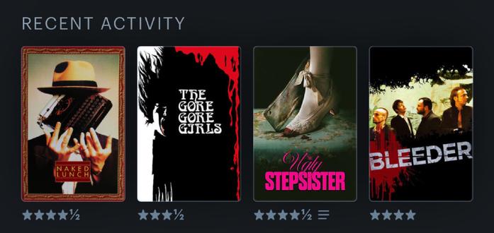 Letterboxd recent activity showing Naked Lunch, Tbe Gore Gore Girls, The Ugly Stepsister, Bleeder