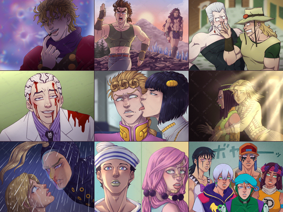 A collage of nine redraws of various scenes from Jojo's Bizarre Adventure.
- The first one shows Dio Brando from Phantom Blood. 
- The second one shows Joseph Joestar and Kars from Battle Tendency. 
- The third one shows Jean Pierre Polnareff and Hol Horse from Stardust Crusaders.
- The fourth one shows Yoshikage Kira from Diamond is Unbreakable.
- The fifth one shows Giorno Giovanna and Bruno Bucciarati from Golden Wind.
- The sixth one shows Ermes Costello and Gloria Costello from Stone Ocean.
- The seventh one shows Lucy Steel and Blackmore from Steel Ball Run.
- The eighth one shows Josuke Higashikata and Yasuho Hirose from Jojolion.
- The ninth one shows Charming Man, Paco Laburantes, Jodio Joestar, Dragona Joestar and Usagi Alohaoe from The Jojolands.