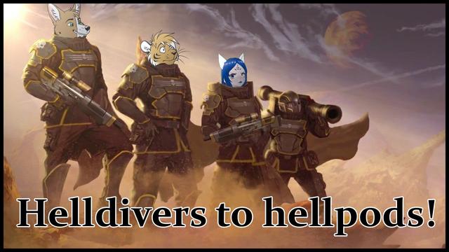 A picture of 4 helldivers lined up except three have had their helmets replaced with an anthro corgi head, a tiger head and a kitsune head that has blue hair.