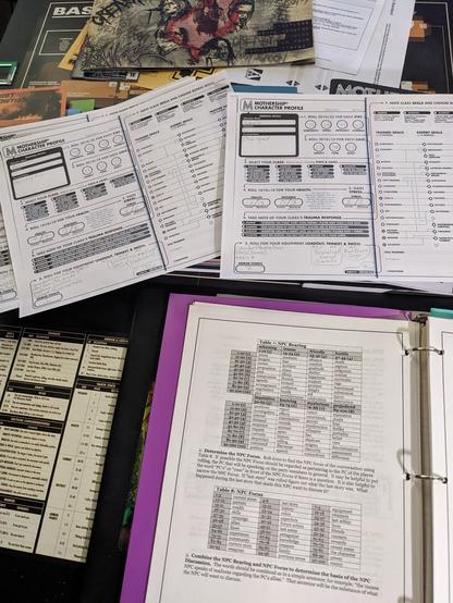 Universal NPC Emulator (U.N.E.) is being used with some Mothership character sheets depicting Leela and Fry from Futurama. Greasy Spoon Zine seen in the background.