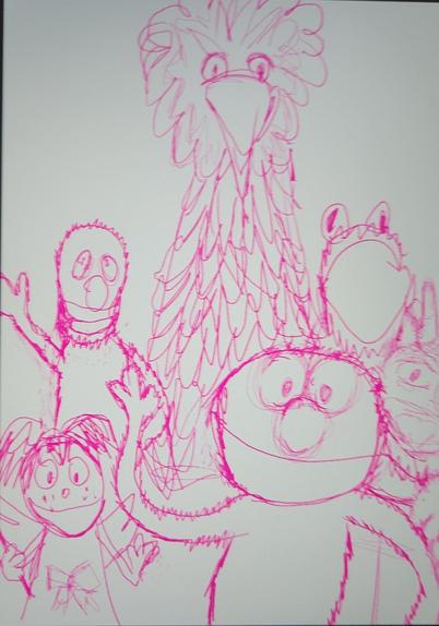 A rough sketch with pink lines of Elmo in the front waving he's fuzzy small eyes large nose three fingers puppet. A fairy to the right with pig tails wings a wand and a dress behind her is grover open mouth wave peanut shaped head big nose  and to his left is big bird a giant bird smiling small eyes on the front and to his left is cookie monster wider frame cross eyed finger up and in front and to the left of Elmo is Oscar the grouch in a trash can smiling smaller eyes and eyebrows. They are all fuzzy but Zoe the fairy and big bird. A rough drawing